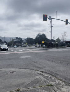 A wide expanse of asphalt at the intersection of State Route 255 (Samoa Blvd) and G Street in Arcata, on a cloudy day