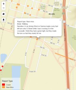 A map shows streets in southern Arcata with red and orange dots representing reports of near-misses and crashes. A text box shows a report about a near-miss in a crosswalk.