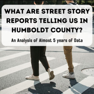 The feet of two pedestrians in a crosswalk, with text superimposed reading "What Are Street Story Reports Telling Us In Humboldt County? An Analysis of Almost 5 Years of Data"