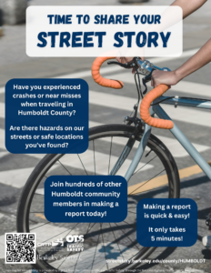 An image of the front of a bicycle and a crosswalk, with text that reads: "Time to Share Your Street Story" and encourages people to make reports on the Street Story platform