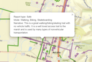 A map of central Arcata shows purple dots and lines representing reports of hazardous locations and green dots and lines representing reports of safe places. A text box provides the narrative of one safe place report on a local trail.