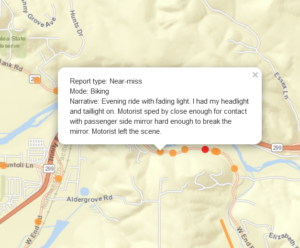 A map shows part of West End Road between Arcata and Blue Lake, with orange and red dots and lines representing near-misses and crashes. A text box shows the narrative from one report about a driver hitting a bicyclist's mirror.