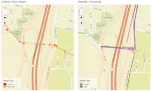 A pair of maps shows the Sunset Avenue and US 101 interchange area, with dots and lines representing reports of hazards, near-misses and crashes made by members of the public through the Street Story platform