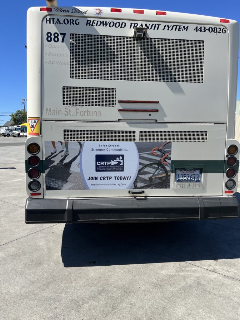 The back side of a Humboldt Transit Authority bus includes an advertisement for joining CRTP