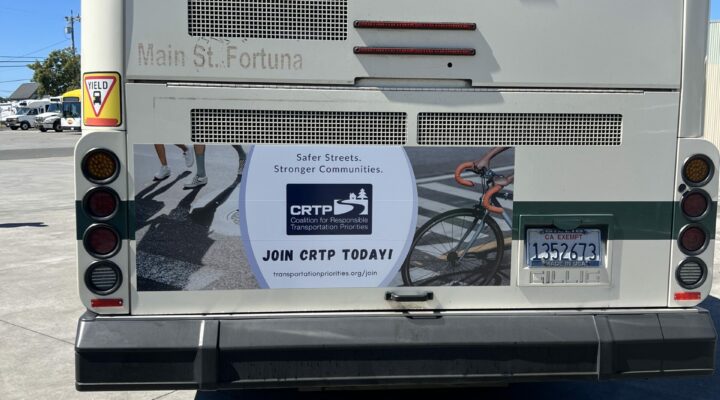 The back side of a Humboldt Transit Authority bus includes an advertisement for joining CRTP