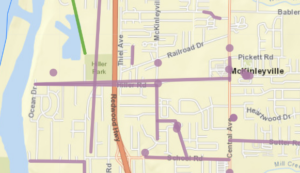 A street map of the Hiller Road area in McKinleyville shows purple dots and lines representing reports of hazards on Street Story