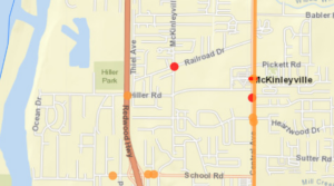 A street map of the area around Hiller Road in McKinleyville shows red and orange dots and lines representing crash and near-miss reports on Street Story