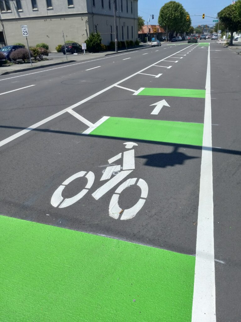 I Street in Eureka with a buffered bike lane marked with green paint