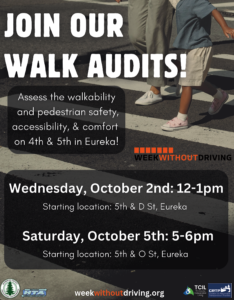 An image shows a crosswalk with the legs of two people, and the text: Join our walk audits! Assess the walkability and pedestrian safety, accessibility and comfort on 4th and 5th in Eureka. Wednesday, October 2nd: 12-1pm, starting location 5th & D St in Eureka. Saturday, October 5th: 5-6 pm, starting location 5th and O St in Eureka.