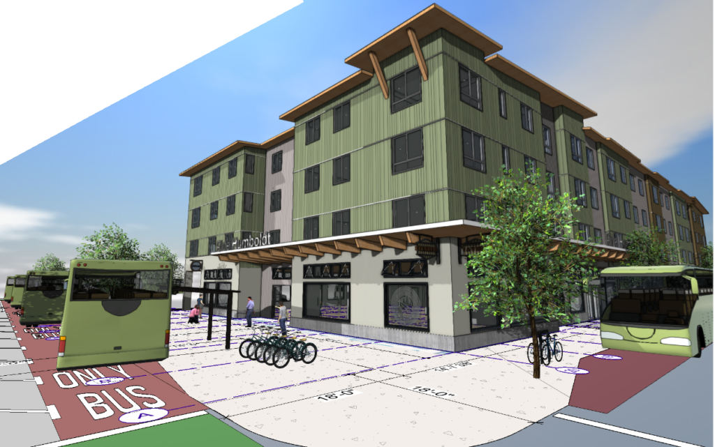 A computer rendering shows a 4-story building with green and white walls and projecting wooden awnings, surrounded by wide sidewalks with bike racks and bus shelters, and buses parked in bus-only lanes.