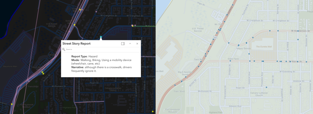 Two maps are shown. On the left, a map with a dark background shows dots and lines; a text box from one of the dots shows a report reading "although there is a crosswalk, drivers frequently ignore it." On the right, a map of the same area with a light-colored background has numerous blue dots indicating crash locations.