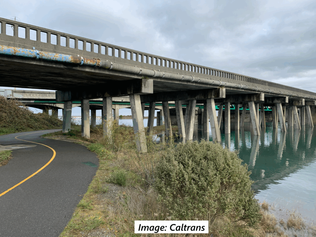 A paved trail with a painted yellow centerline curves along a body of water under a highway bridge