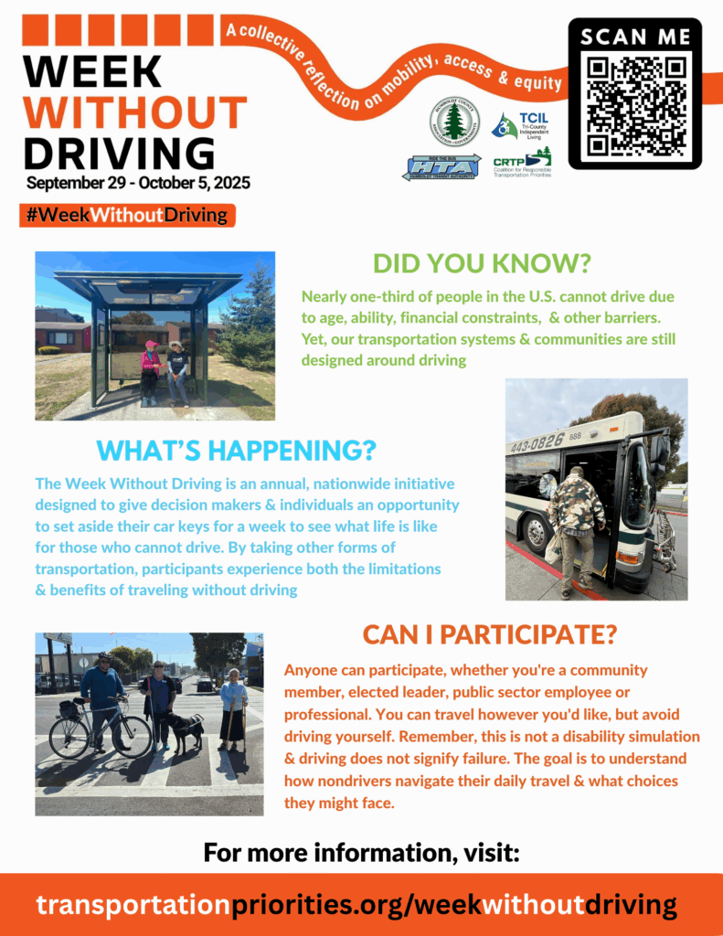 A flyer provides information about the 2025 Week Without Driving. Click the link to go to a webpage with full text information.