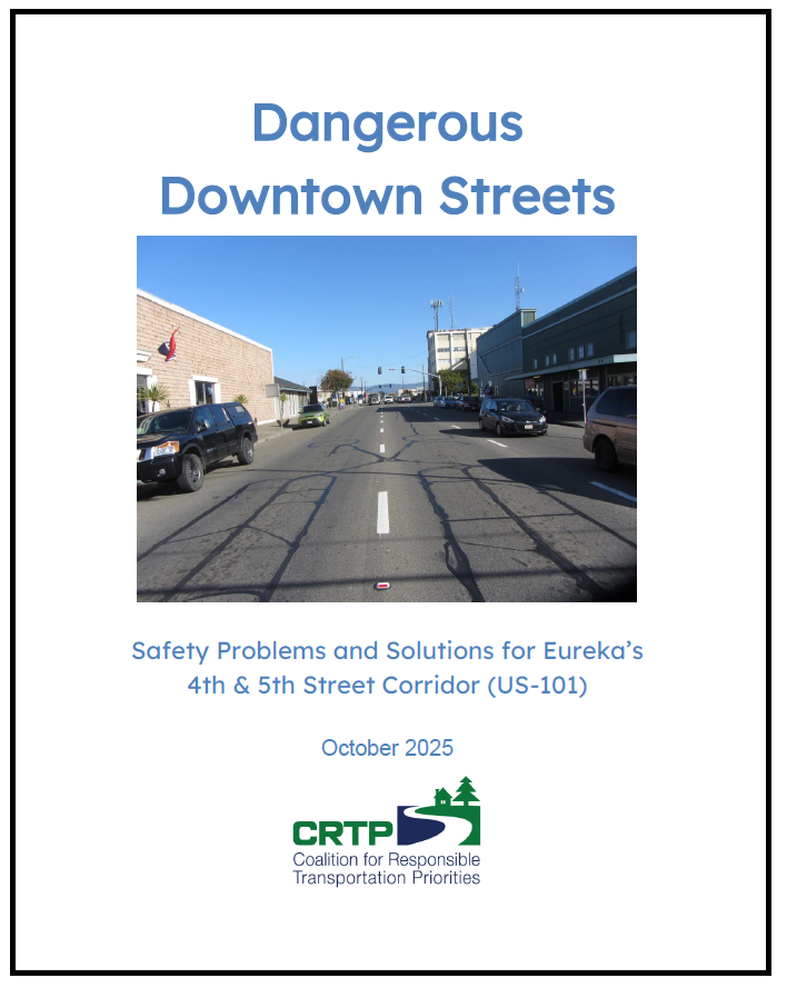 A report cover page shows a 3-lane, one-way street with the title "Dangerous Downtown Streets" and the CRTP logo.