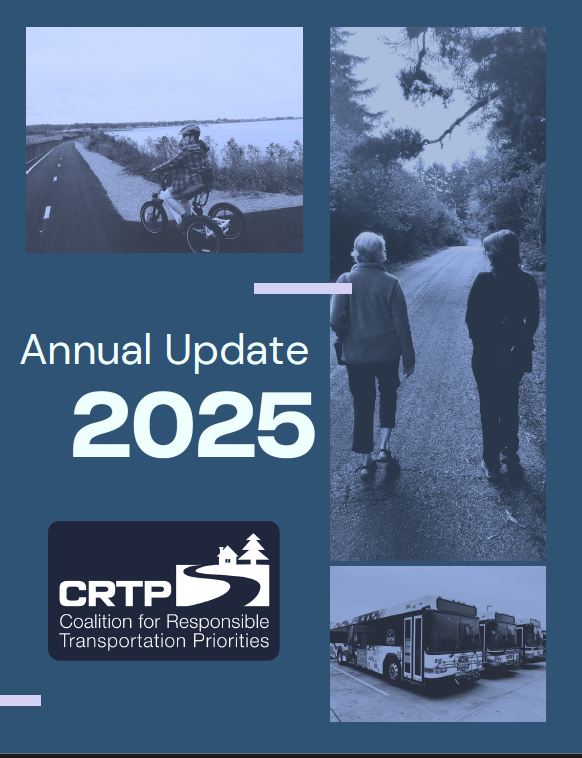 The cover page of a report reads "Annual Update 2025". The image is tinged blue and includes a photo of a woman riding a tricycle on a trail, two women walking down a road, and several parked buses, as well as the CRTP logo.