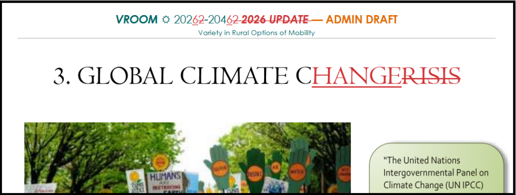 An excerpt from a document shows a heading in large font with the words "Global Climate Crisis" with "crisis" crossed out and replaced with "change." The top of a photo and a text box are also visible.
