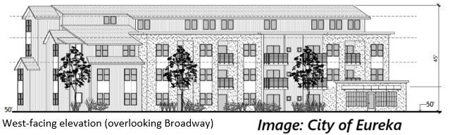 A black-and-white drawing shows a 4-story apartment building with a pitched roof, windows, an articulated facade, and trees.