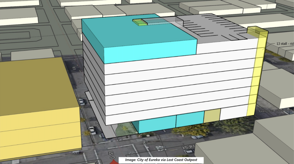 A digital rendering shows a blocky 8-story building in white and teal across the street from a blocky 3-story building in yellow.