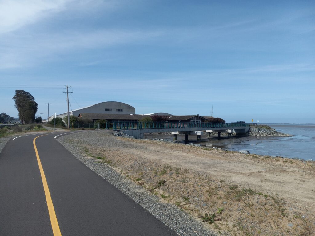 A bike trail with a yellow line down the middle parallels a shoreline, only a few feet away.