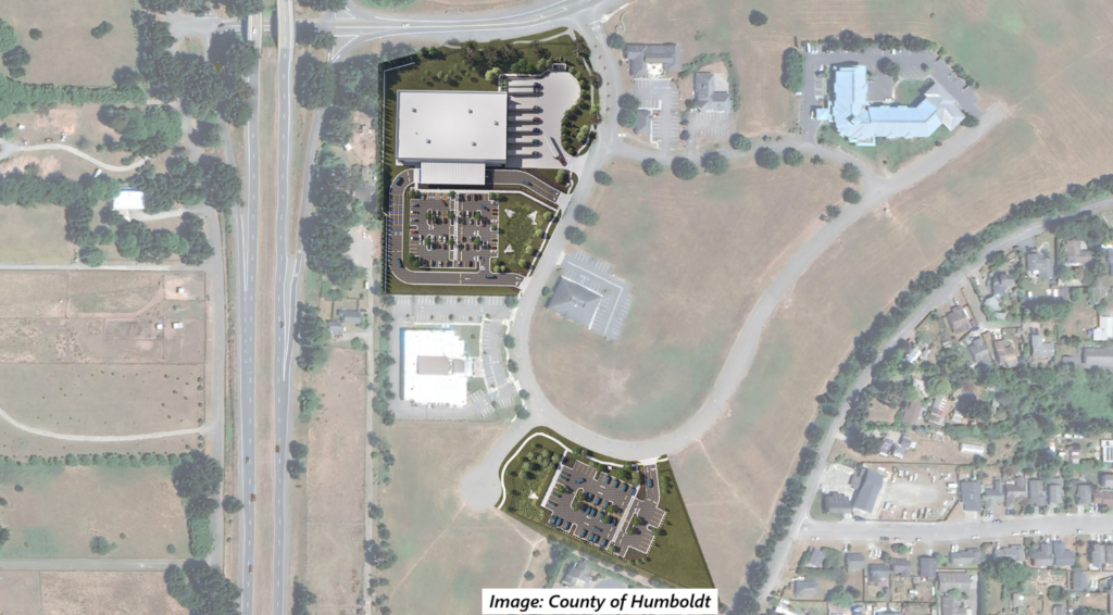 A computer generated rendering imposed on a satellite image of the McKinleyville airport business park shows two new developed areas, one with a large warehouse and parking lot, the other with a parking lot.