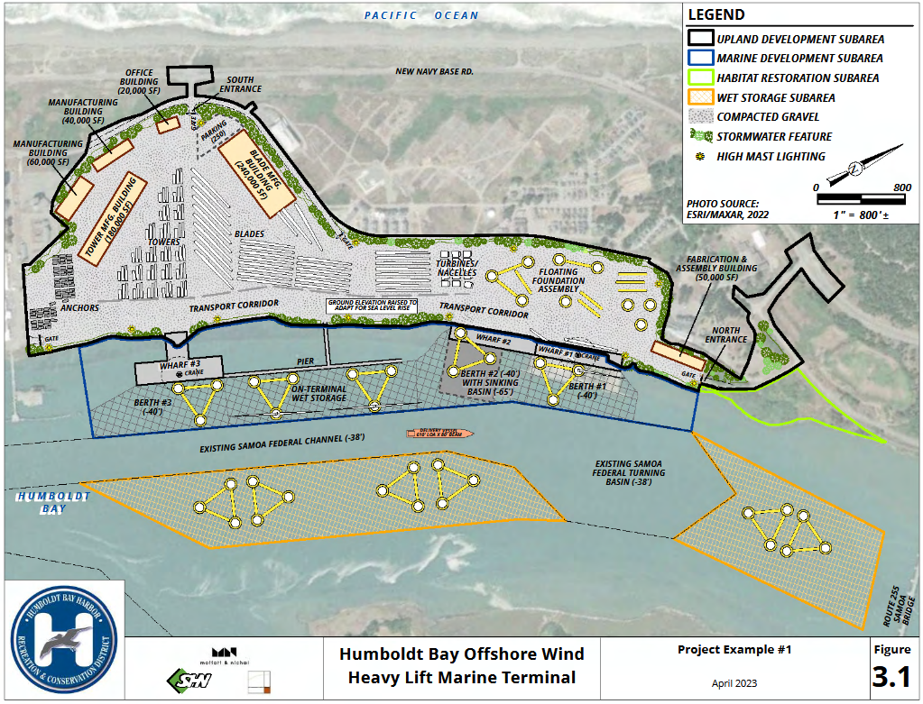 A computer-generated site plan for an industrial port terminal is superimposed on a satellite image.