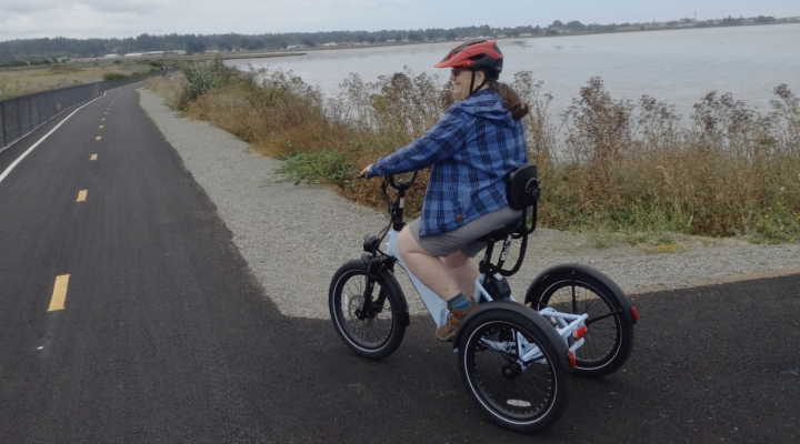 Trike on Bay Trail An older white woman wearing short, a blue plaid shirt and a red helmet rides a tricycle on a paved trail along a body of water.