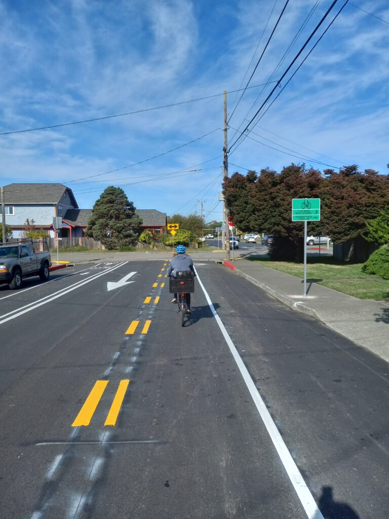 A bicyclist in a blue helmet bikes down a bike boulevard.